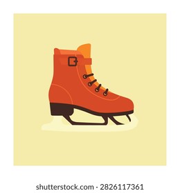 Vibrant orange ice skate boot with black blade and laces on pale yellow background recreational sports