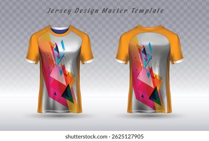 Vibrant orange jersey template with a bold geometric mosaic in pink, purple, blue, and teal, creating a high-energy, futuristic look. Perfect for esports, competitive teams, or standout athletic wear.