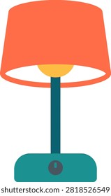 A vibrant orange lampshade with teal base and glowing light bulb inside
