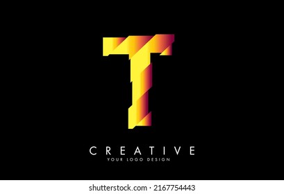 Vibrant orange letter T with abstract sliced effect logo design. Abstract vector illustration with creative cuts.