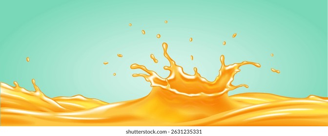 Lebendiger orangefarbener Flüssigkeitsplash mit Fluiddynamik auf türkisem Hintergrund. Dynamische Illustration zur Erfassung von Energie und Bewegung. Ideal für Getränke oder Flüssigprodukte.