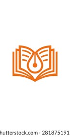 Vibrant orange logo showing an open book and pen. Perfect for publishing, writing, or education.