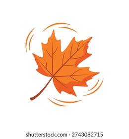 Vibrant orange maple leaf gracefully swirling downwards, surrounded by subtle wind current lines, vector design capturing autumn essence.