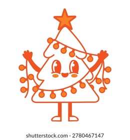 A vibrant orange monoline vector illustration featuring a cheerful anthropomorphic Christmas tree character. The design uses clean bold lines to depict a smiling face.