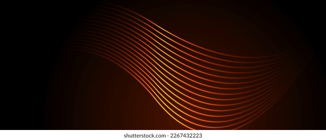 Vibrant orange neon laser glowing curved wavy lines abstract background. Vector banner design