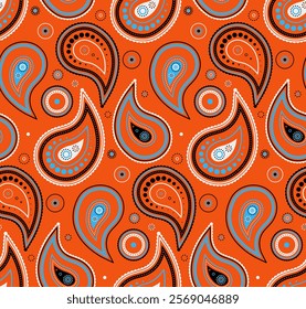 Vibrant orange paisley pattern.  Bold black, white, and teal accents create a striking textile design. Ideal for fashion, interiors, or website backgrounds.  Download now