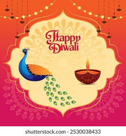 A vibrant orange and pink background with hanging lanterns and string lights A decorative frame in the center has a peacock on one side and a lit diya on the other Happy Diwali is written in a font