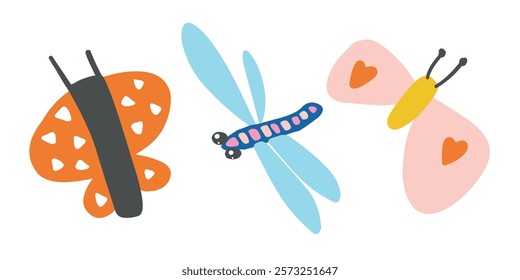 Vibrant orange and pink butterflies with a cheerful dragonfly in blue. Whimsical and delicate design perfect for spring or nature-inspired themes.