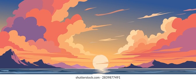 Vibrant Orange And Pink Sunset Cloudscape Over Ocean And Mountains Flat Vector Background