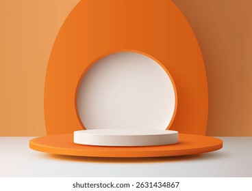vibrant orange podium mockup with white cylindrical platform for minimalist product display clean modern design ideal for branding advertising or retail showcase in a bright studio setting