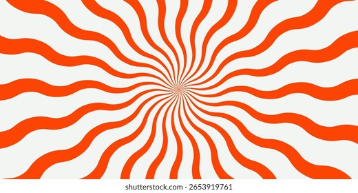Vibrant orange psychedelic sunburst background with wavy radial lines. Retro swirl optical illusion pattern, perfect for posters, music covers, packaging, or abstract design projects