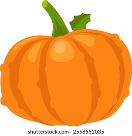 Vibrant orange pumpkin with distinct segments, green stem, and a single leaf, conveying the essence of autumn harvest and festive celebrations