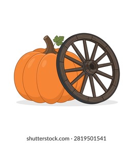 A vibrant orange pumpkin paired with a rustic wooden wagon wheel for autumn seasonal decoration.