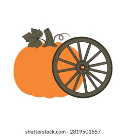 A vibrant orange pumpkin paired with a rustic wooden wagon wheel for autumn harvest themes.