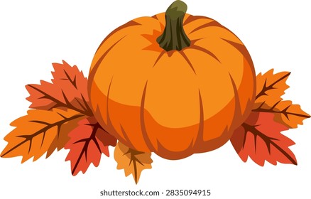 A vibrant orange pumpkin surrounded by colorful autumn leaves, symbolizing fall harvest and seasonal change.