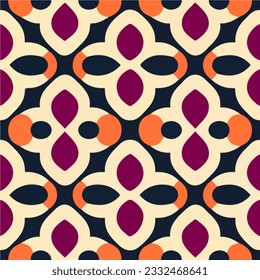 Vibrant orange and purple geometric patterns form a mesmerizing art deco design against a sleek black backdrop, creating a captivating repeating fabric pattern.