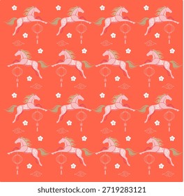 A vibrant orange red background featuring a repeating pattern of white horses jumping through floral accents The playful arrangement celebrates the zodiac year of the horse with a energetic and cheerful visual rhythm