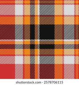 Vibrant orange, red, black, and white plaid pattern.  Perfect for fall designs, textile projects, or autumnal backgrounds.