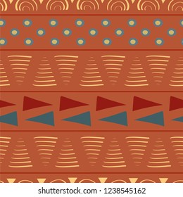 Vibrant orange, red, blue seamless vector pattern with hand drawn elements. Bright tribal feel. Great for fabric, home decor, scrapbooking, giftwrap, stationery