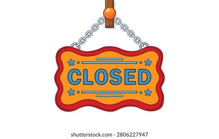 A vibrant orange and red closed sign with stars and chain hanging, indicating business closure or non-operational hours effectively.