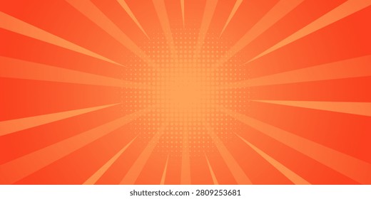 Vibrant Orange and Red Comic Pop Art Background with Dynamic Radial Sunburst Lines and Halftone Dot Pattern, Evoking Energy and Excitement