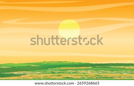 Vibrant orange sky sunset over green fields landscape with bright sun