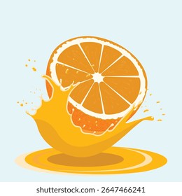 A vibrant orange slice, angled, with juice splashing around it.