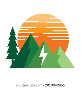 Vibrant orange sunset over green mountains with pine trees and lightning bolt symbol