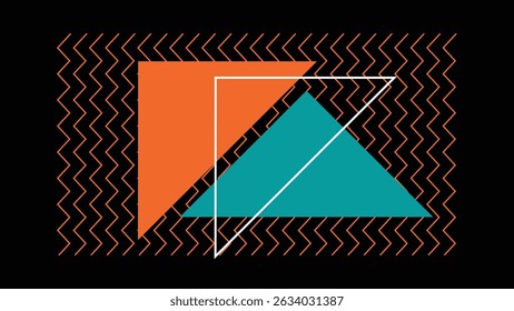 Vibrant orange and teal triangle shapes overlapped with sharp geometry on a black backdrop with fine zigzag lines. A bold, modern and minimal geometric concept.