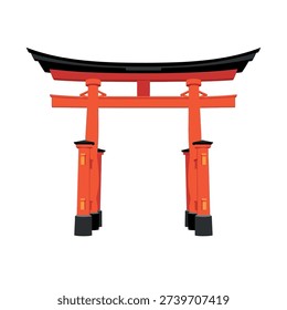 Vibrant orange torii gate with black accents and curved roof, standing alone against a white background.