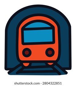 Vibrant Orange Train Emerging from Dark Blue Tunnel on Railway Tracks Illustration