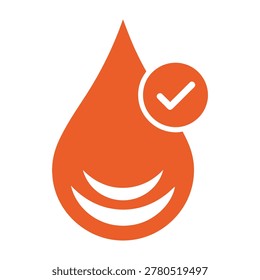 Vibrant orange waterdrop icon with white checkmark on right side, smiling face expression