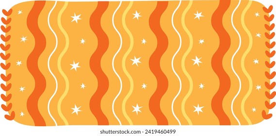 Vibrant orange wavy lines and stars on a golden background, modern abstract. Hearts border adding a playful, decorative touch to wave pattern.