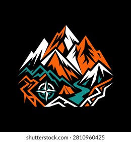 Vibrant orange and white mountain peaks with teal river and compass rose graphic design logo