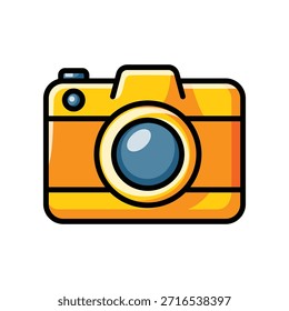 Una vibrante cámara de dibujos animados de color naranja y amarillo con una Grande lente azul y reflejos lúdicos. Su forma gruesa y acabado brillante lo hacen perfecto para temas de viajes, íconos de Fotografía o Conjuntos de pegatinas inspirados en la tecnología retro.