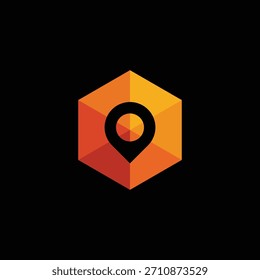 Vibrant orange and yellow gradient hexagon logo with a central location pin icon, embodying modern navigation and mapping concepts for innovative digital branding