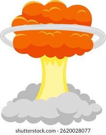 Vibrant orange and yellow mushroom cloud billowing upward from a dense gray smoke, symbolizing the devastating impact of a nuclear explosion with an expanding shockwave ring