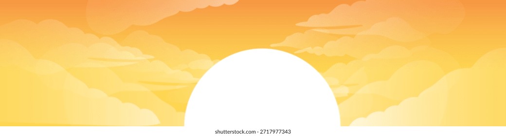 Um céu laranja e amarelo vibrante com nuvens macias e um sol branco grande e brilhante que se levanta ou se põe, criando uma atmosfera quente e serena.