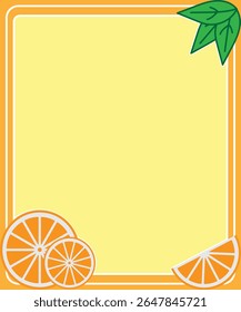 Vibrant orange-themed border featuring citrus fruit slices and leaves, paired with a geometric patterned frame, creating a refreshing and colorful design perfect for invitations, flyers.