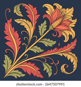 Vibrant ornamental floral and leaf pattern in classic style. Elegant botanical vector design for decor, textiles, or artistic projects. Intricate vintage illustration.