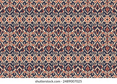 A vibrant and ornate pattern featuring a mix of navy blue, red, and beige colors arranged in an intricate and repeating design.