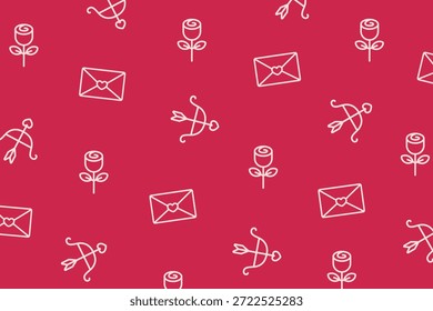 Patrón de San Valentín de contorno vibrante con flechas de cupido, letras de amor y rosas sobre fondo rosa de contraste. Ideal para pósters románticos audaces, decoración de fiesta y diseños de amor festivos.