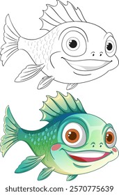 A vibrant and outlined cartoon fish design