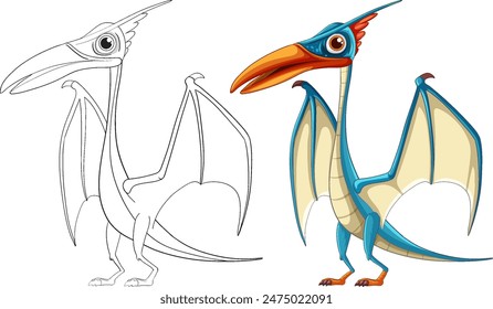 A vibrant and outlined flying dinosaur vector