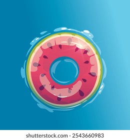 A vibrant overhead view of a watermelon-shaped inflatable pool ring floating on a light-blue body of water. 