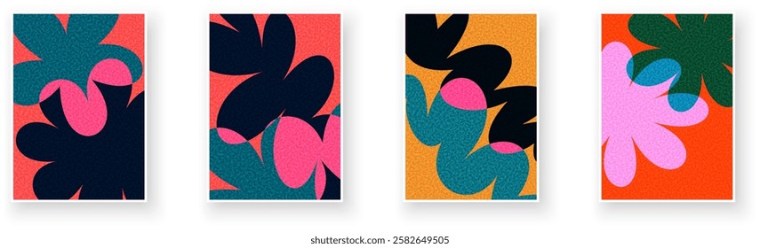 Vibrant overlapping floral shapes in bold colors create a modern and dynamic vector illustration for artistic projects.