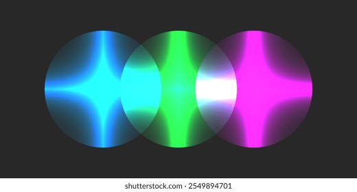 Vibrant overlapping glowing circles pattern with neon blue, green, and pink gradients on a dark background, creating a futuristic abstract light effect for modern creative designs.
