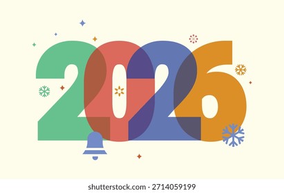 Vibrantes números superpuestos 2026 con estrellas festivas de copos de nieve y una campana sobre un fondo claro