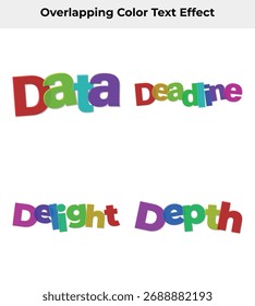 Palabras superpuestas vibrantes, tipografía multicolor con efecto 3D, fondo blanco