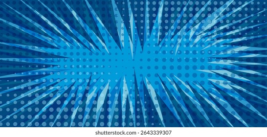 Sobreposição vibrante azul turquesa explodindo fundo cômico retro com sombra de meio-tom pontilhada e listras de luz escura. Fundo ultramarino com textura de pontos para design de publicidade de quadrinhos, cartaz